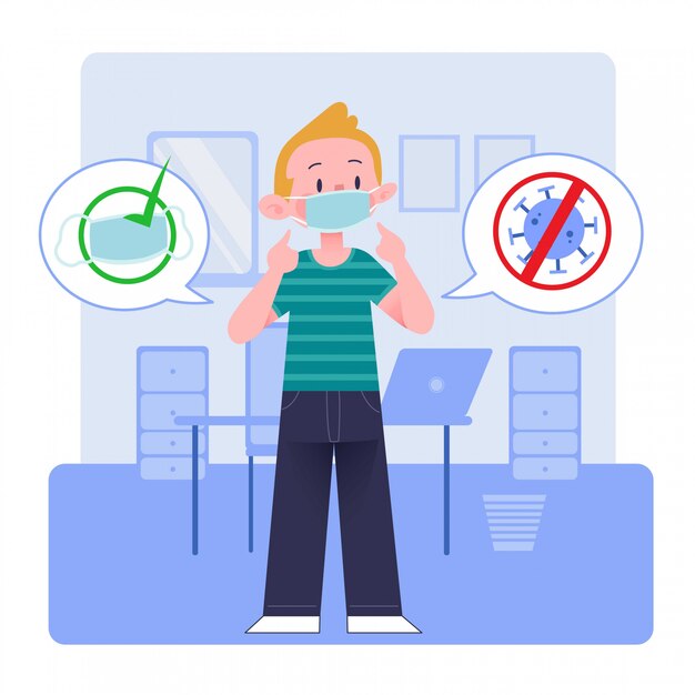Hombre joven o niño o hombre o persona o personaje con máscara médica en el hogar o la oficina. Diseño plano. Concepto de ilustración Aislado.