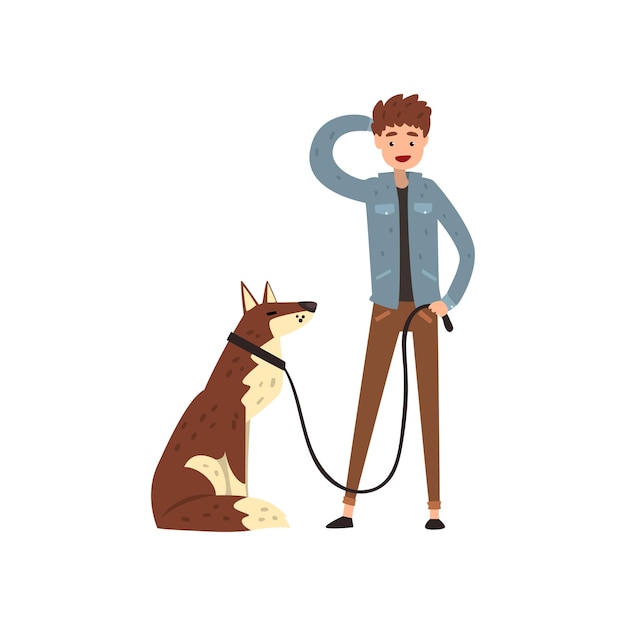 Hombre joven paseando con su perro mascota vector Ilustración aislada sobre un fondo blanco