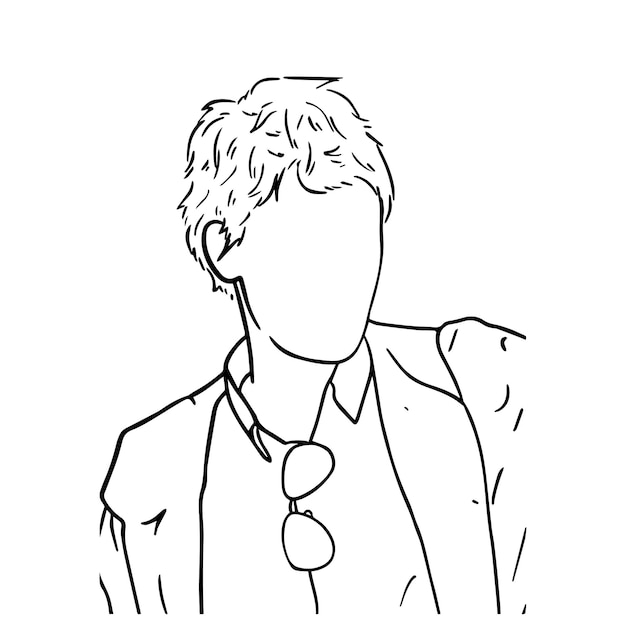 Hombre joven con el pelo corto con gafas en una camisa y una chaqueta para colorear dibujos animados lineales