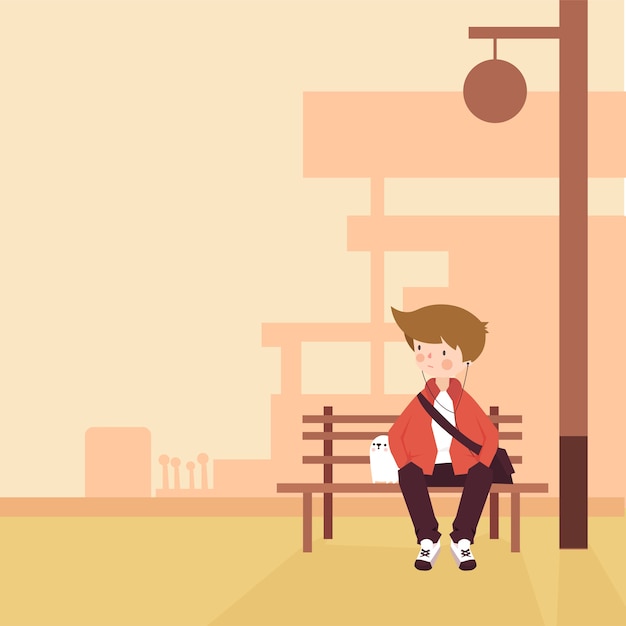 El hombre joven y el perro está esperando el tren en la estación Ilustración