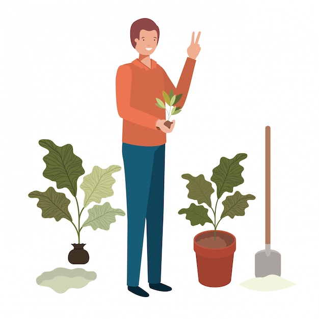 Hombre joven con personaje de avatar de planta