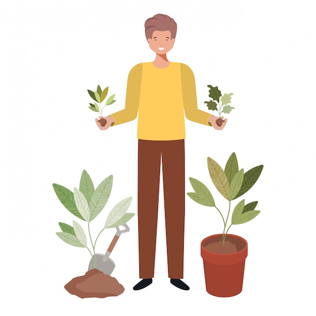 Hombre joven con personaje de avatar de planta