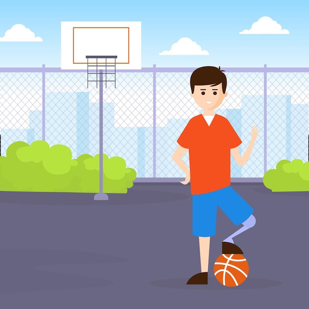 Vector hombre joven con pierna protésica jugando al baloncesto persona discapacitada haciendo deportes al aire libre ilustración vectorial de dibujos animados