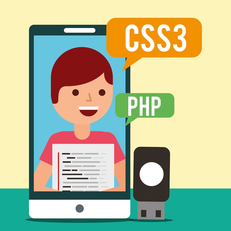 Vector hombre joven en programa de teléfono codificación de idiomas usb