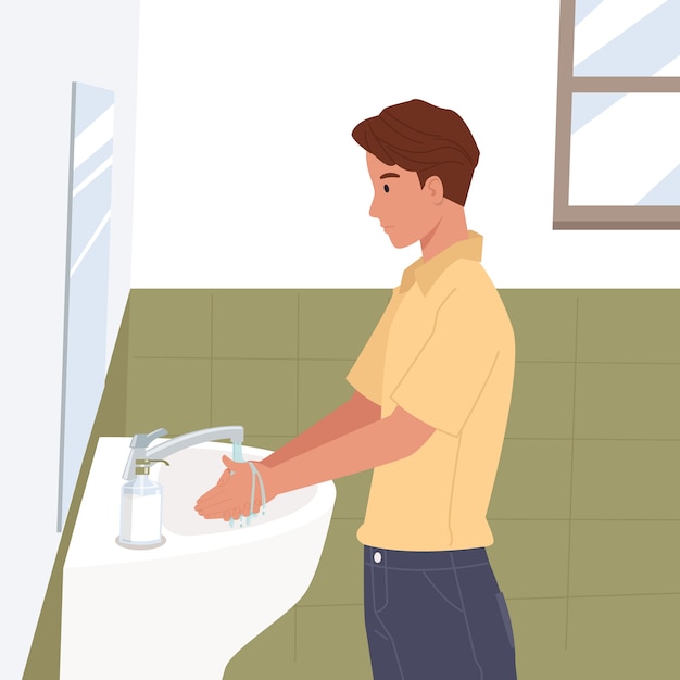 Hombre joven que se lava las manos en casa limpiando las manos con agua corriente en el lavabo del baño. Prevención contra virus e infecciones. Concepto de higiene. ilustración en un estilo plano