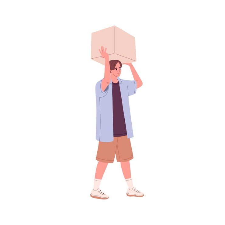 Vector hombre joven que lleva una caja grande sobre la cabeza cargador de tipo que va con cartón en las manos persona que sostiene un paquete de cartón empaquetado para mover ilustración vectorial plana aislada en fondo blanco