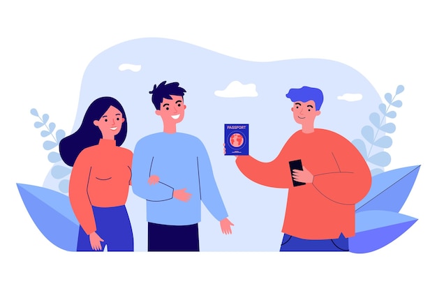 Hombre joven que muestra el pasaporte a la pareja. ilustración de vector plano. registro de pasaporte de vacunación extranjero, internacional para viajes, trabajo. documentación, viajes, concepto de inmunidad para el diseño de banners.