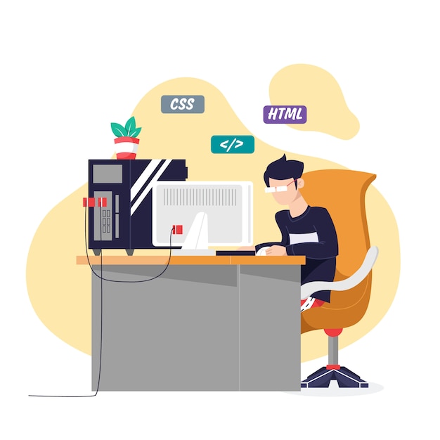 Hombre joven que se sienta en el escritorio que escribe códigos. Código de datos de mecanografía del programador, trabajando en proyecto en una empresa de desarrollo de software