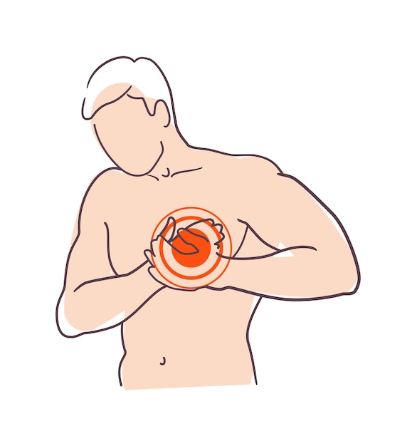 Hombre joven que siente dolor en el pecho, angina y un fuerte ataque al corazón