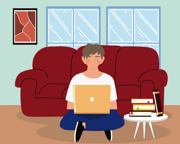 Hombre joven que usa la computadora portátil que se sienta en el sofá en la sala de estar, trabaja a la ilustración del hogar