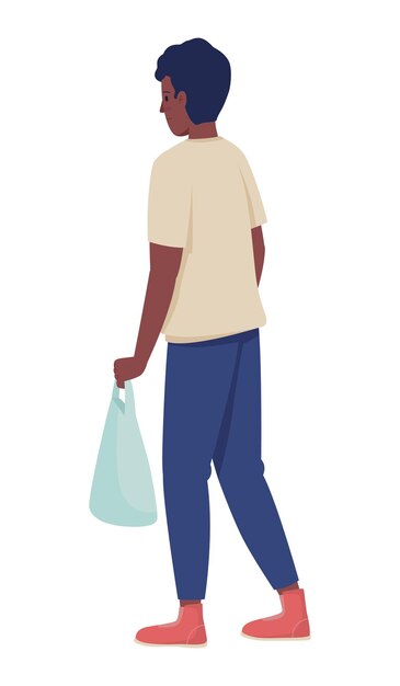 Hombre joven en ropa casual con bolsa de plástico carácter vectorial de color semiplano Figura de pie Persona de cuerpo completo en blanco Ilustración de estilo de dibujos animados simple para diseño gráfico web y animación