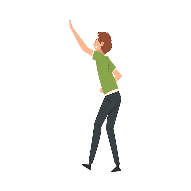 Hombre joven saludando a su pareja o amigo Hombre de pie con la mano levantada Ilustración vectorial