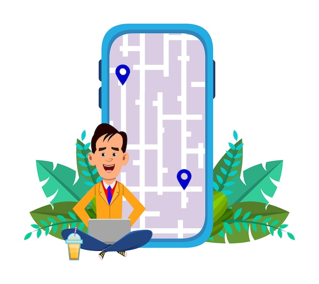Hombre joven sentado al aire libre y comprobando rutas y ubicación. Usando computadora y aplicación móvil con mapa.