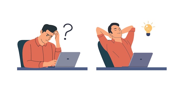 Hombre joven con signo de interrogación encontrando nueva idea Ilustración de vector de dibujos animados de estilo plano