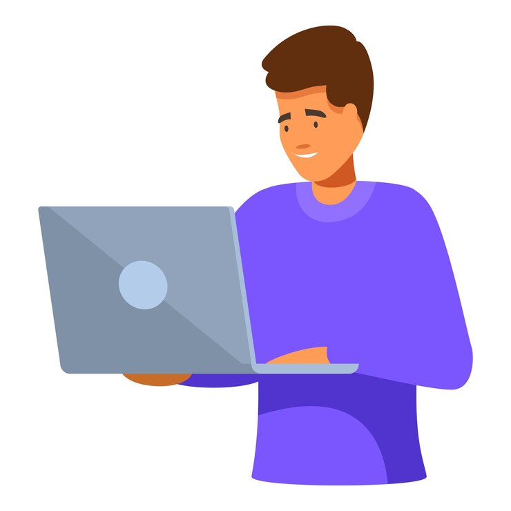 Vector hombre joven sonriendo y trabajando en una computadora portátil