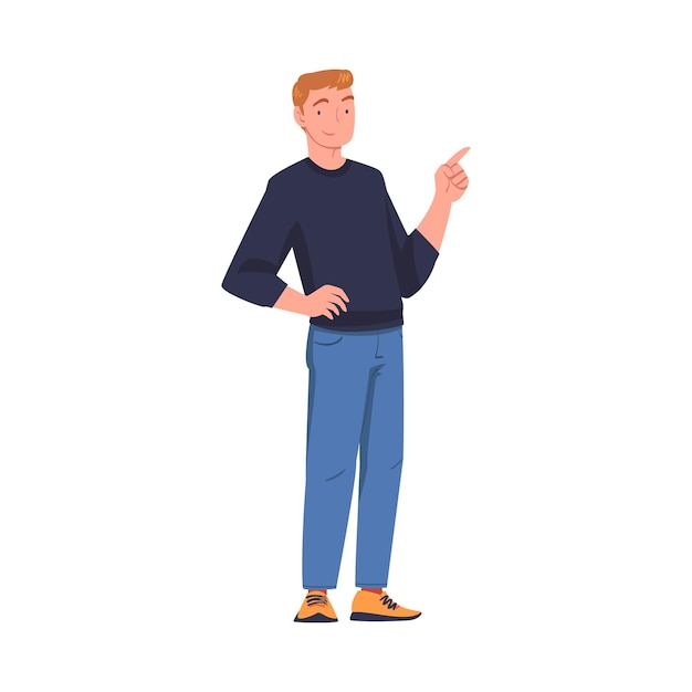 Hombre joven sonriente con la mano en la cadera indicando el dedo en la ilustración vectorial de la postura de pie
