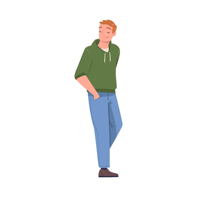 Hombre joven sonriente con las manos en el bolsillo en una ilustración vectorial de postura de pie