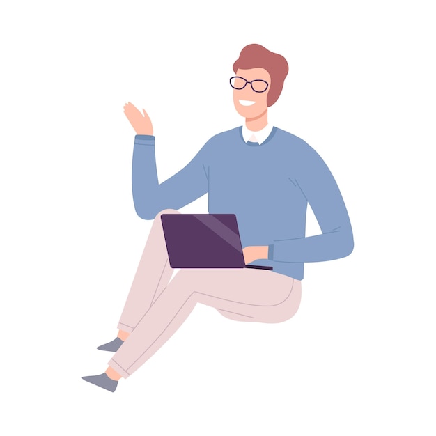 Hombre joven sonriente con un portátil sentado en el suelo y comunicándose con la gente Ilustración vectorial plana