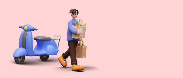 Vector hombre joven sosteniendo bolsas ecológicas con verduras y caminando cerca del scooter