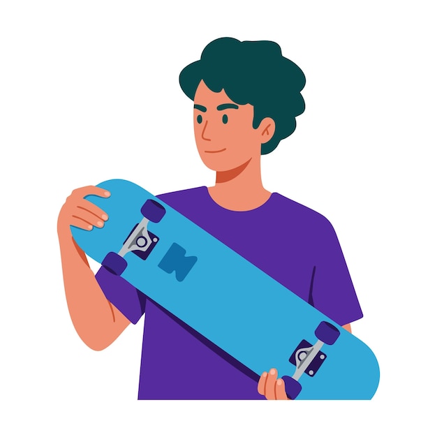 Hombre joven sosteniendo una patineta azul en una camisa púrpura ilustración vectorial de estilo casual