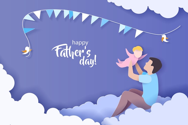 Hombre joven con su bebé jugando feliz día de los padres tarjeta de papel cortado estilo ilustración vectorial