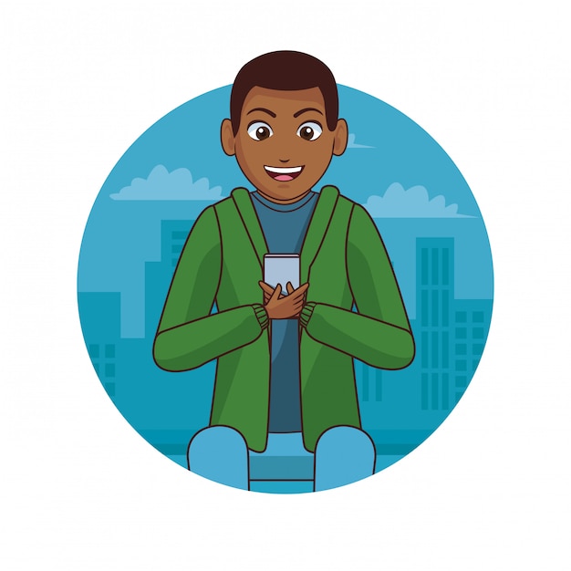 Hombre joven con teléfono inteligente en la ciudad