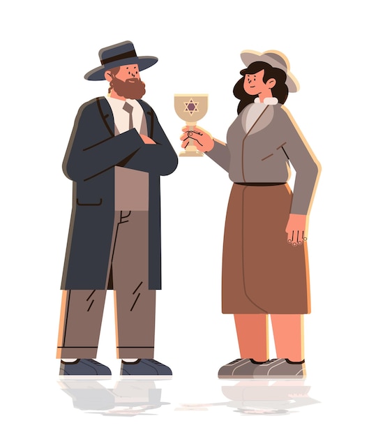 hombre judío mujer pareja en ropa tradicional de pie juntos pueblo de israel sosteniendo vasos s con la estrella de david feliz hanukkah judaísmo fiestas religiosas