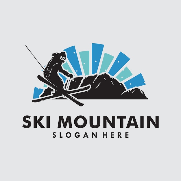 Un hombre jugando al esquí en el diseño del logo de la montaña.