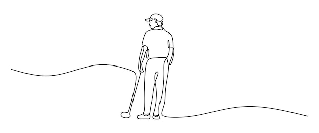 Vector hombre jugando al golf en línea arte de línea única continua línea editable