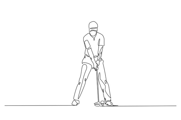 Hombre jugando al golf una línea continua dibujando ilustración