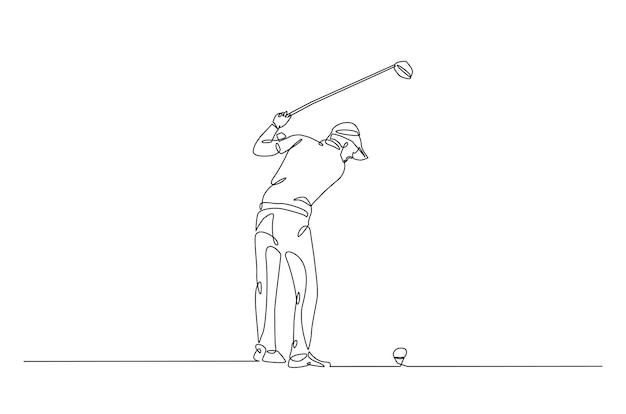 Hombre jugando al golf una línea continua dibujando ilustración