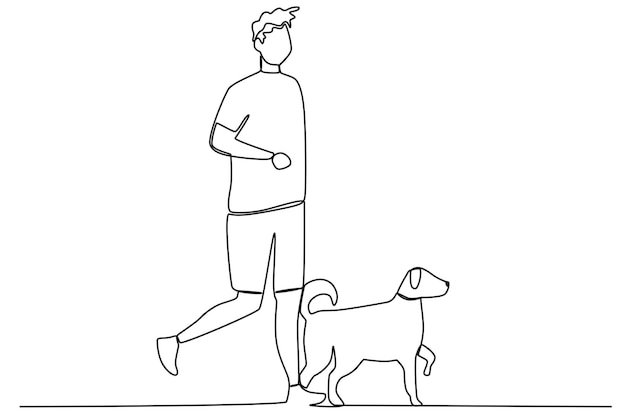 Un hombre jugando a correr con su perro Caminando o jugando con un perro dibujando una línea