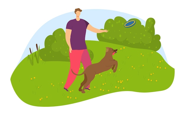 Hombre jugando frisbee con perro en el parque día soleado dueño de mascota y perro feliz disfrutando del juego ocio al aire libre