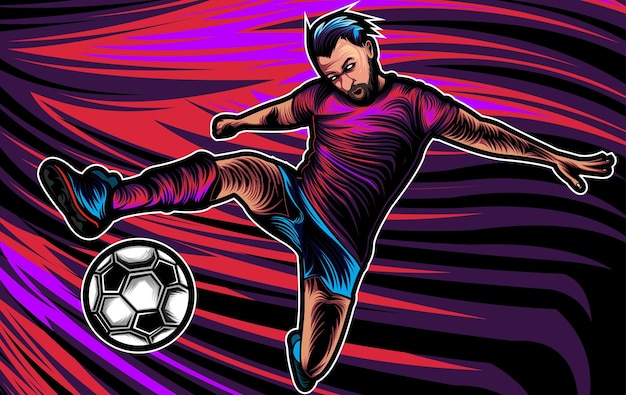 Vector hombre jugando patada aérea de fútbol