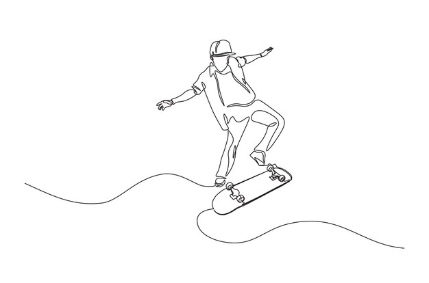 Hombre jugando a la patineta con un dibujo continuo de una línea