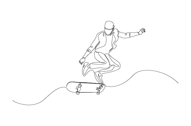 Hombre jugando a la patineta con un dibujo continuo de una línea