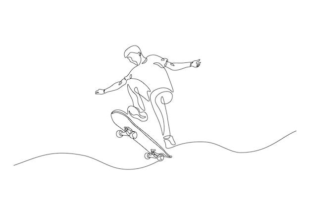Hombre jugando a la patineta con un dibujo continuo de una línea