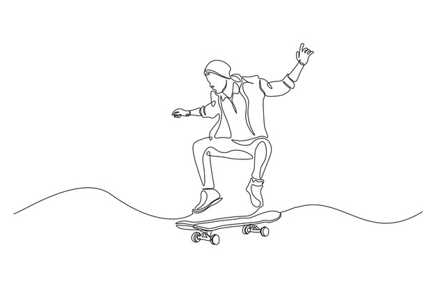 Hombre jugando a la patineta con un dibujo continuo de una línea