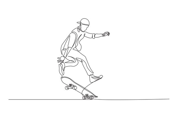 Hombre jugando a la patineta con un dibujo continuo de una línea