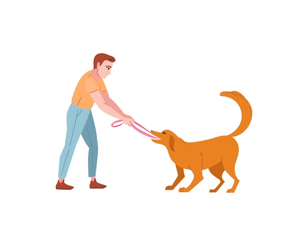 Hombre jugando con perro dueño de mascota feliz persona que se preocupa por el compañero