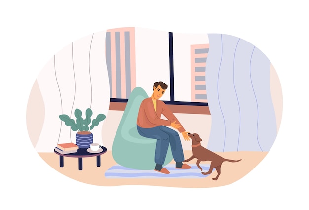 Hombre jugando con un perro encantador sentado en un sillón en un hogar acogedor Amor amistad entre cachorro y hombres