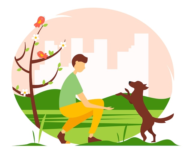 Hombre jugando con un perro en el parque. linda ilustración vectorial de primavera.