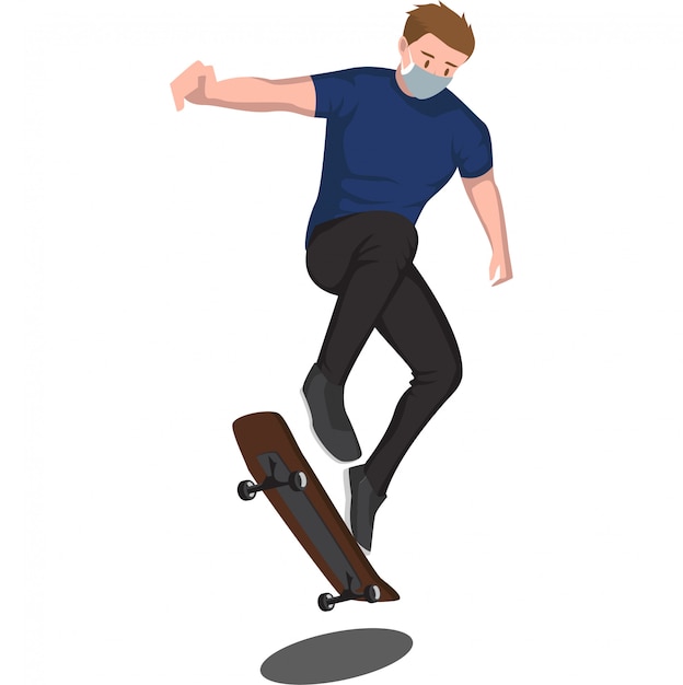 Vector un hombre jugando skateboard de estilo libre mientras usa una máscara médica