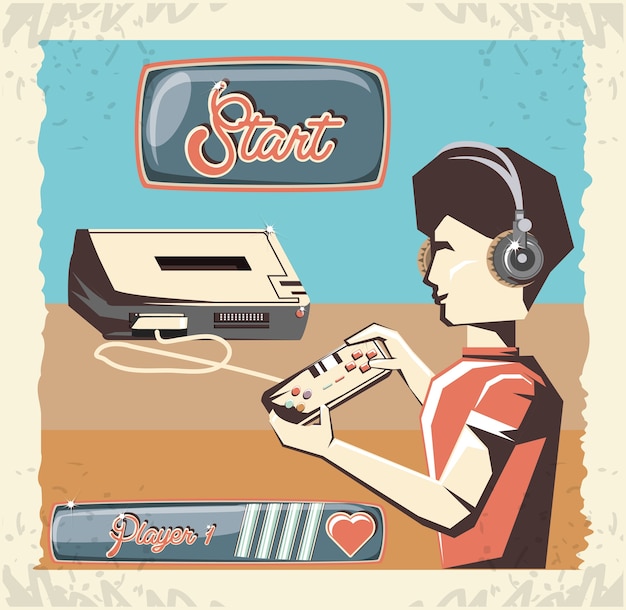 hombre jugando video juego retro vector ilustración diseño