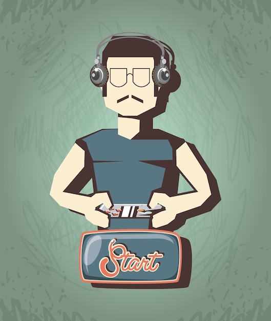 hombre jugando video juego retro vector ilustración diseño