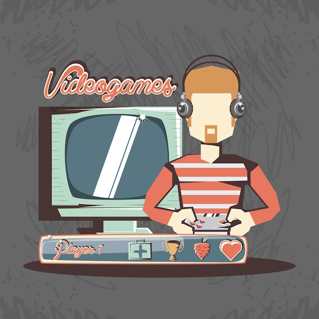 hombre jugando video juego retro vector ilustración diseño