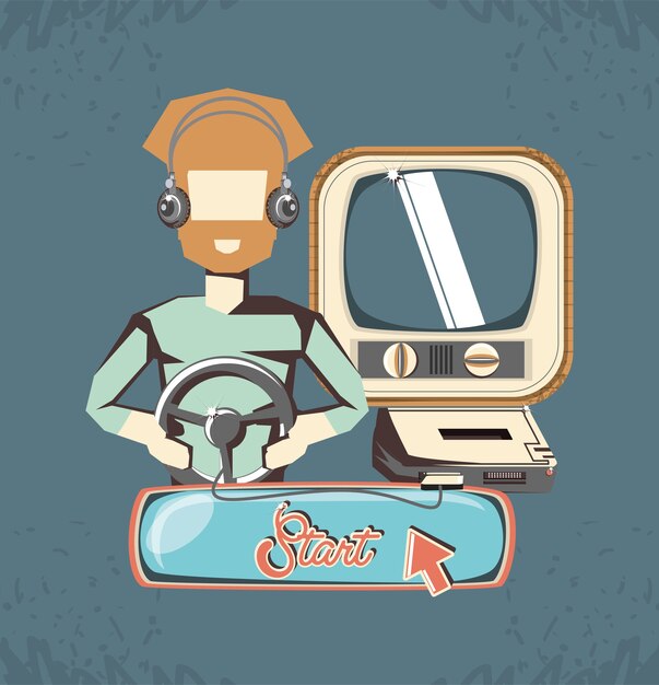 hombre jugando video juego retro vector ilustración diseño