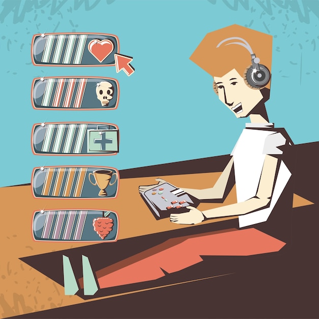 hombre jugando video juego retro vector ilustración diseño
