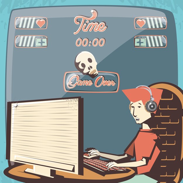 hombre jugando video juego retro vector ilustración diseño