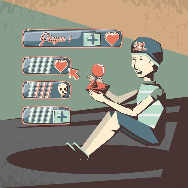 hombre jugando video juego retro vector ilustración diseño